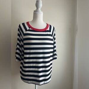 NWT Women’s Black & White Striped 3/4 Sleeve Tee with Red Neckline